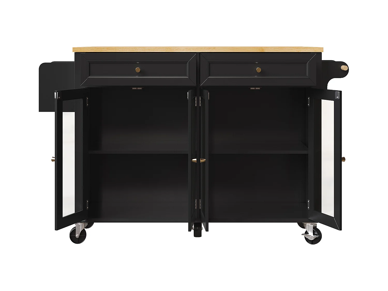 Carrello da cucina su ruote, 2 cassetti e 4 ante in vetro, piano estensibile, nero + naturale