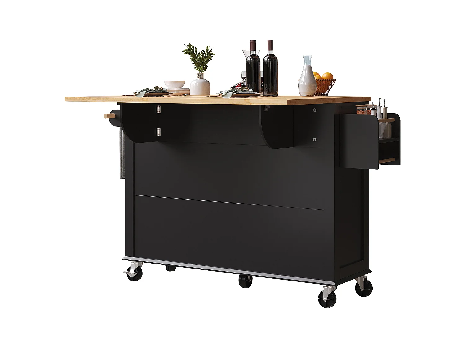 Carrello da cucina su ruote, 2 cassetti e 4 ante in vetro, piano estensibile, nero + naturale