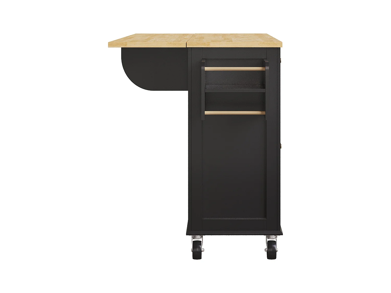 Carrello da cucina su ruote, 2 cassetti e 4 ante in vetro, piano estensibile, nero + naturale