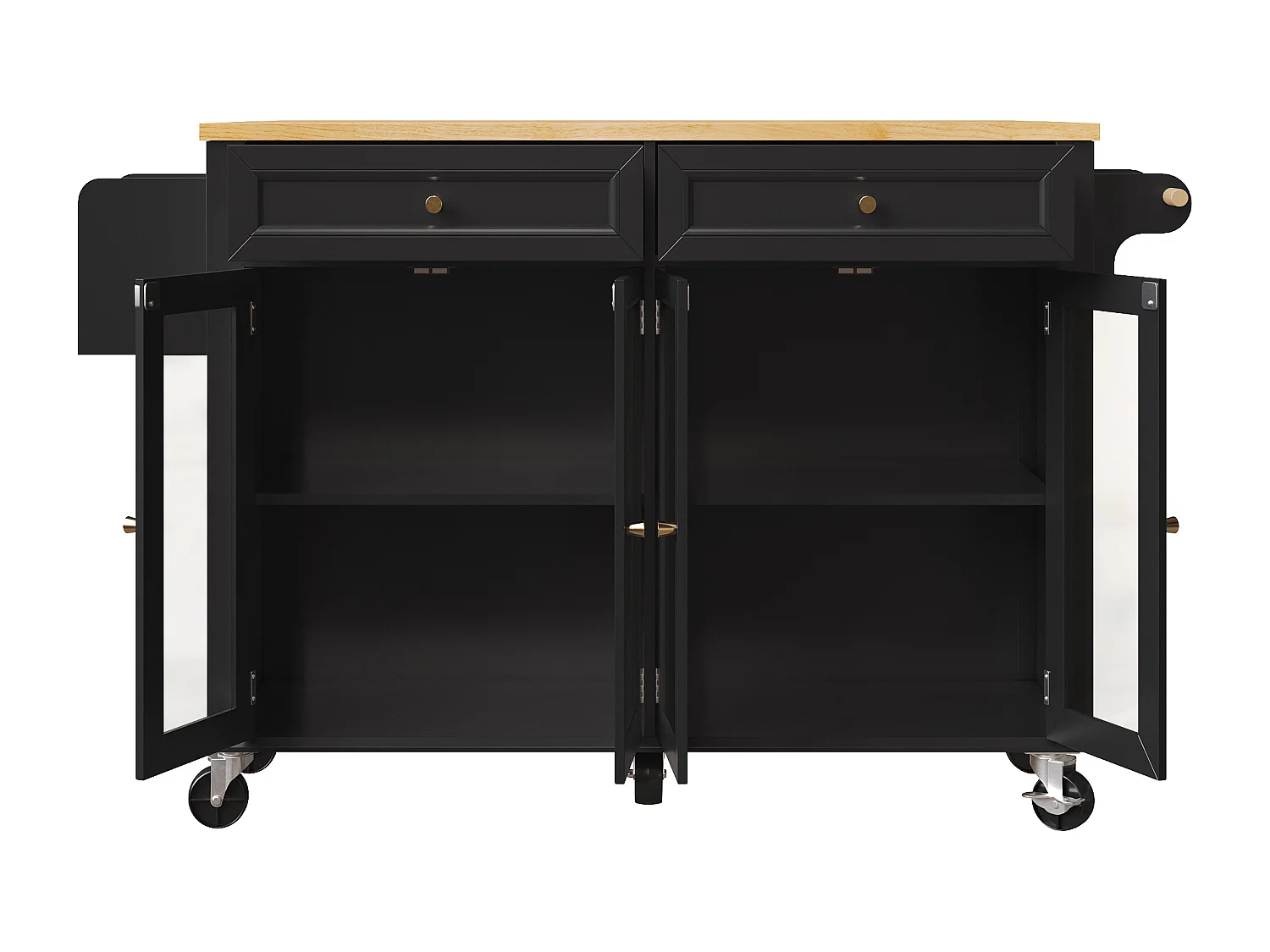 Desserte de cuisine à roulettes, 2 tiroirs et 4 portes vitrées, plateau extensible, noir + naturel