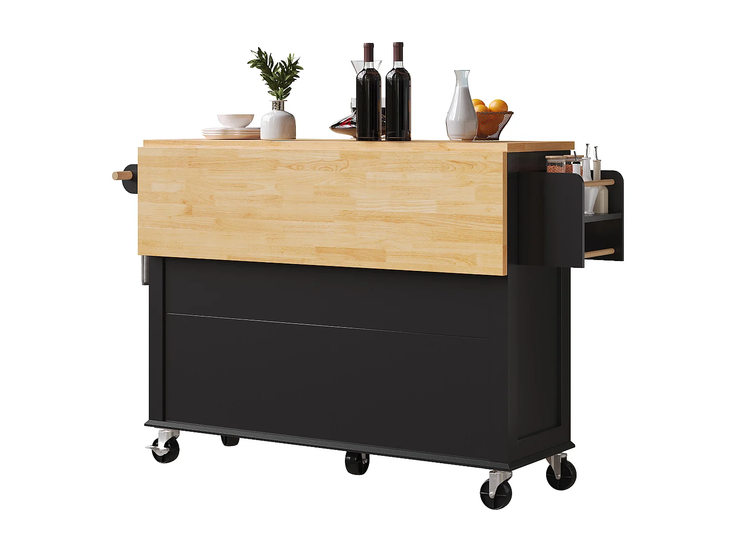 Desserte de cuisine à roulettes, 2 tiroirs et 4 portes vitrées, plateau extensible, noir + naturel