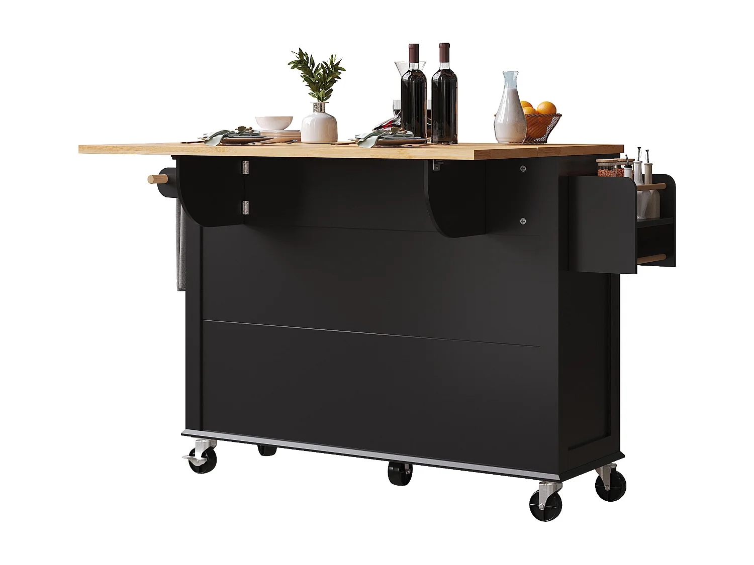 Desserte de cuisine à roulettes, 2 tiroirs et 4 portes vitrées, plateau extensible, noir + naturel