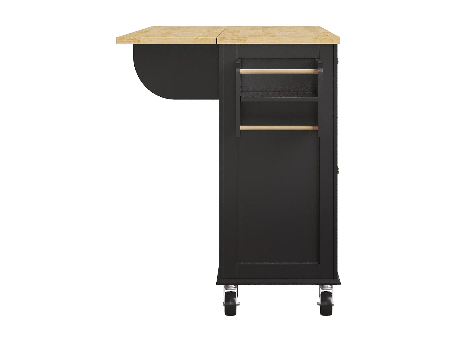 Desserte de cuisine à roulettes, 2 tiroirs et 4 portes vitrées, plateau extensible, noir + naturel