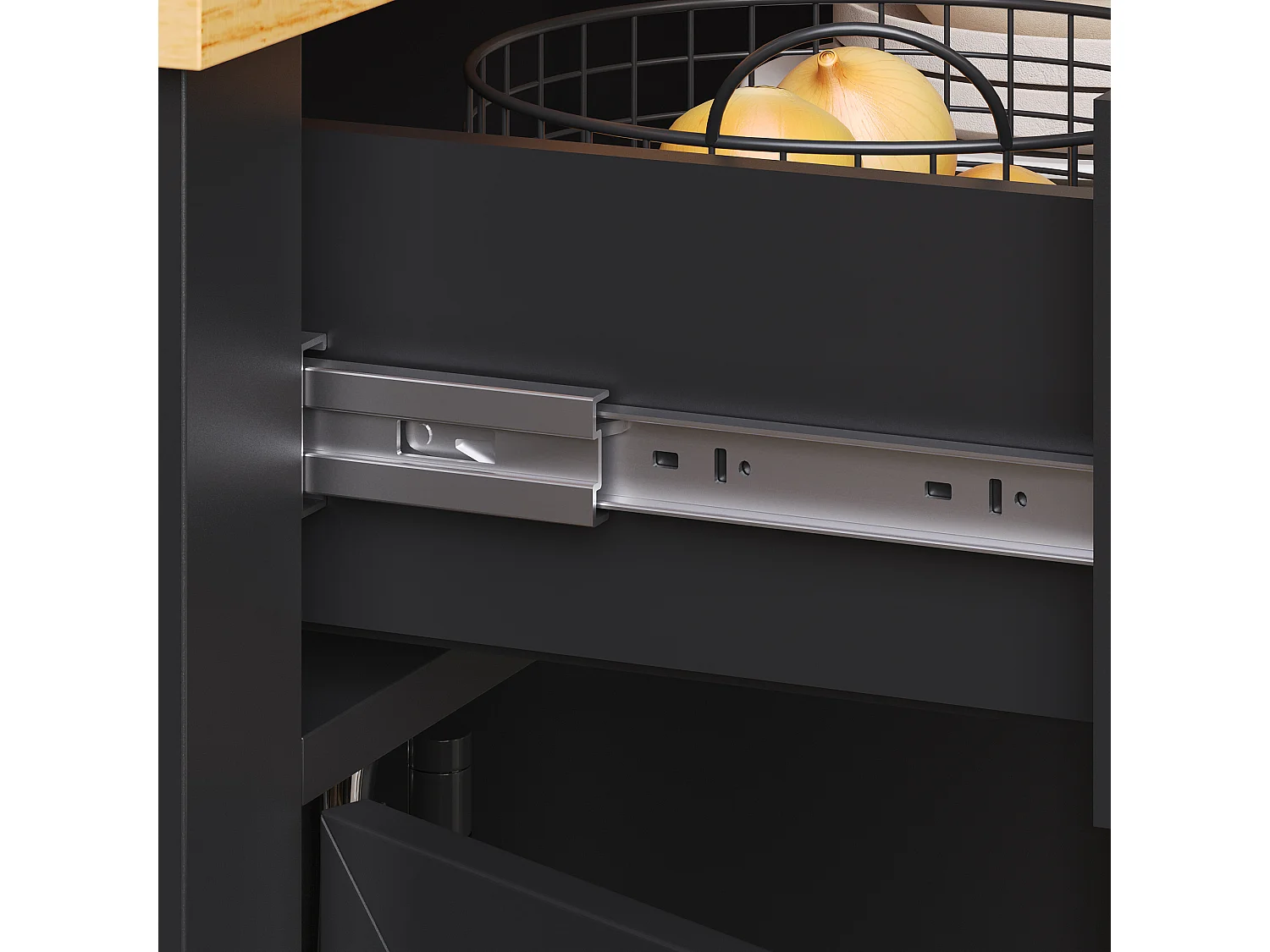 Desserte de cuisine à roulettes, 2 tiroirs et 4 portes vitrées, plateau extensible, noir + naturel