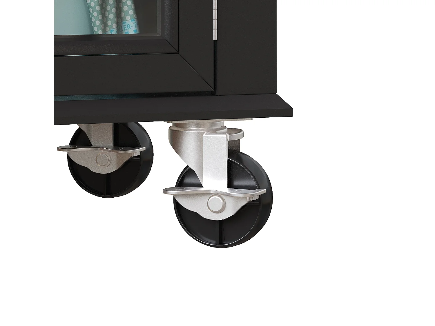 Desserte de cuisine à roulettes, 2 tiroirs et 4 portes vitrées, plateau extensible, noir + naturel