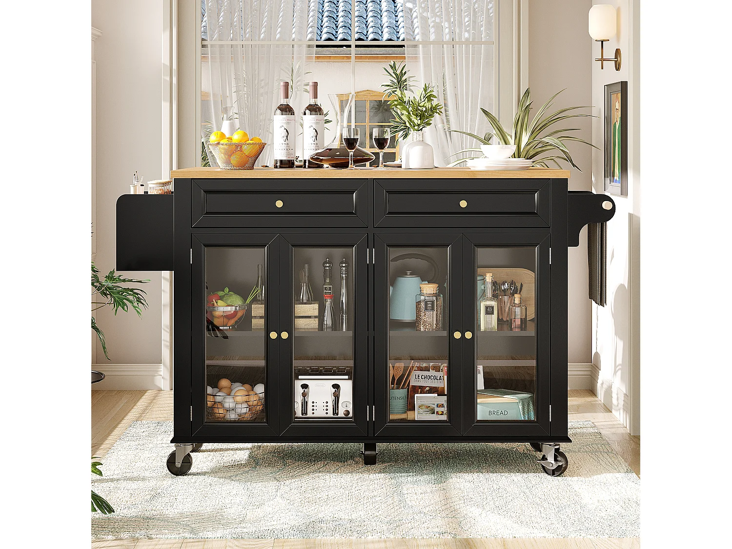 Carrito de cocina con ruedas, 2 cajones y 4 puertas de cristal, tapa extensible, negro + natural