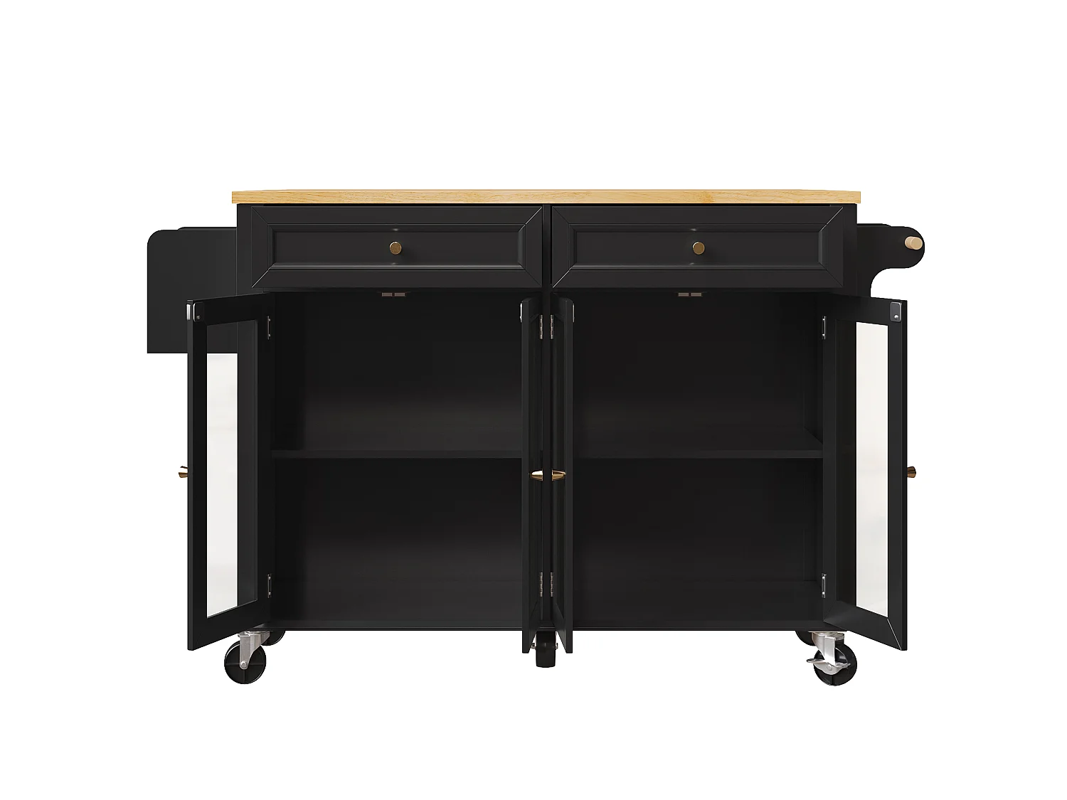 Carrito de cocina con ruedas, 2 cajones y 4 puertas de cristal, tapa extensible, negro + natural