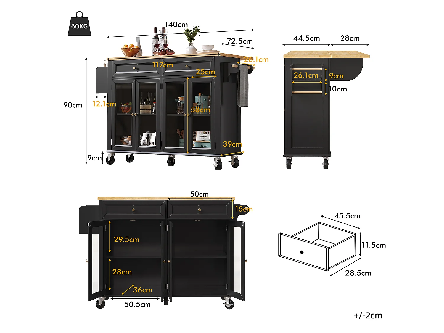 Carrito de cocina con ruedas, 2 cajones y 4 puertas de cristal, tapa extensible, negro + natural