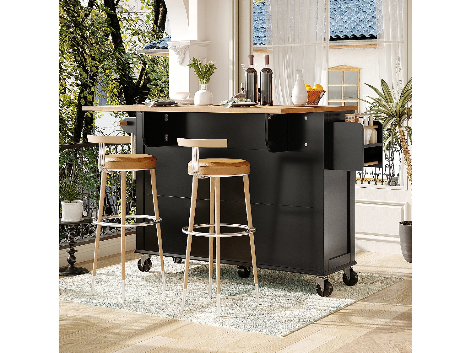 Carrito de cocina con ruedas, 2 cajones y 4 puertas de cristal, tapa extensible, negro + natural