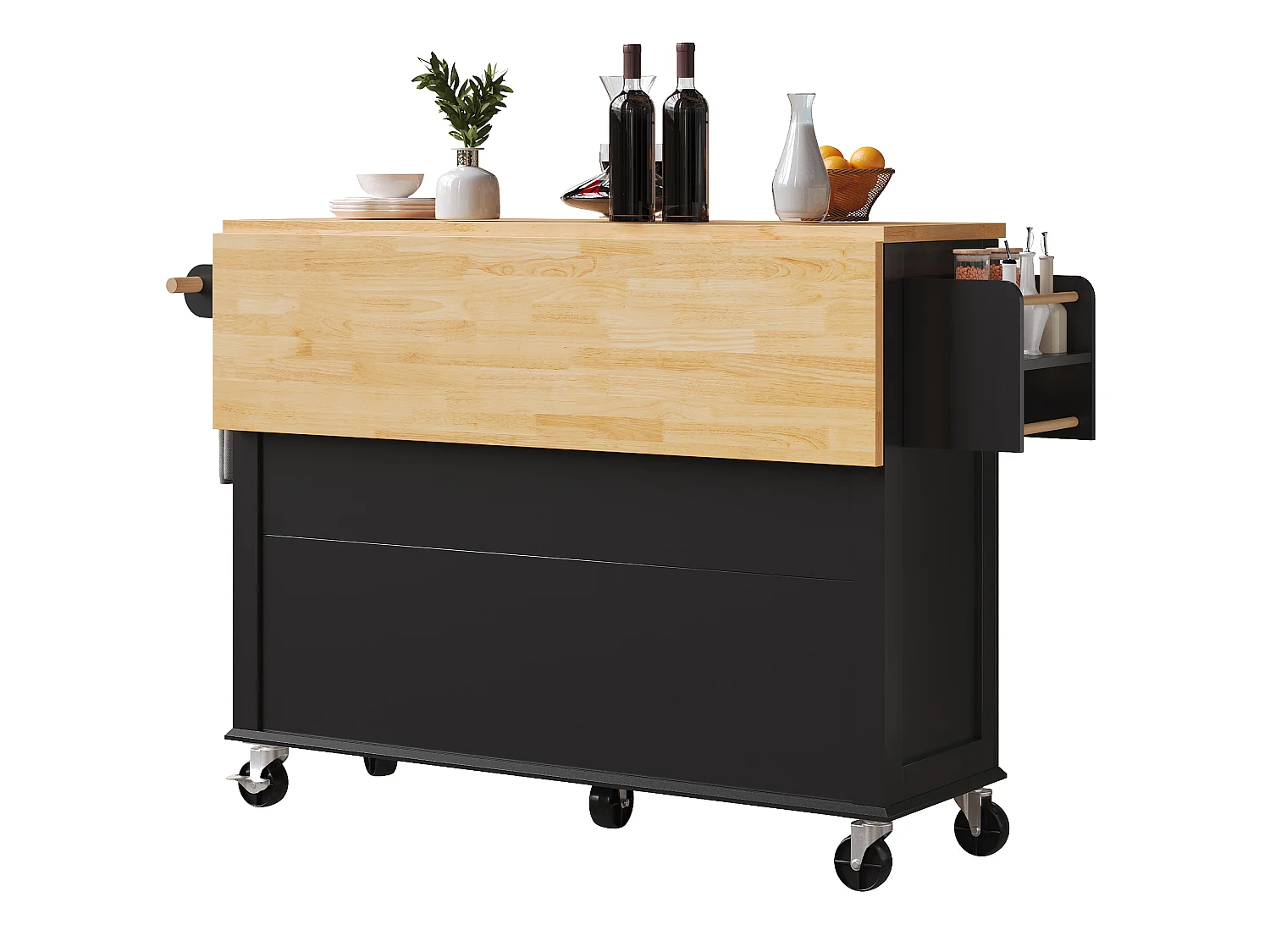 Carrito de cocina con ruedas, 2 cajones y 4 puertas de cristal, tapa extensible, negro + natural