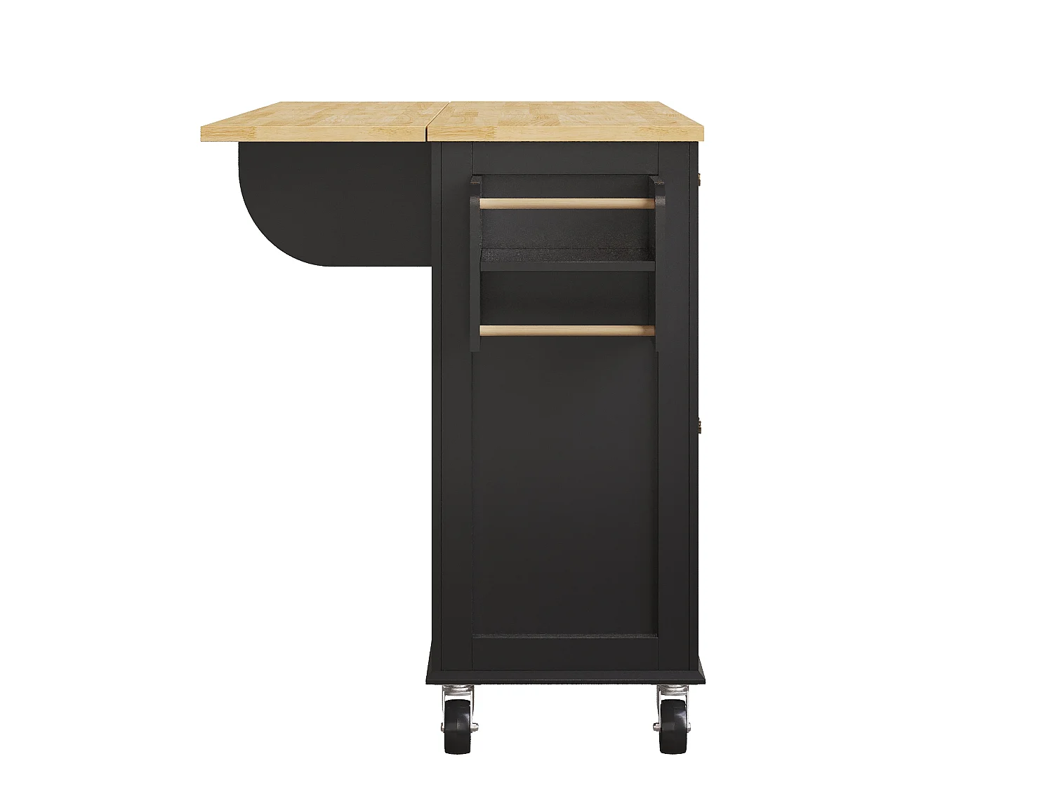 Carrito de cocina con ruedas, 2 cajones y 4 puertas de cristal, tapa extensible, negro + natural