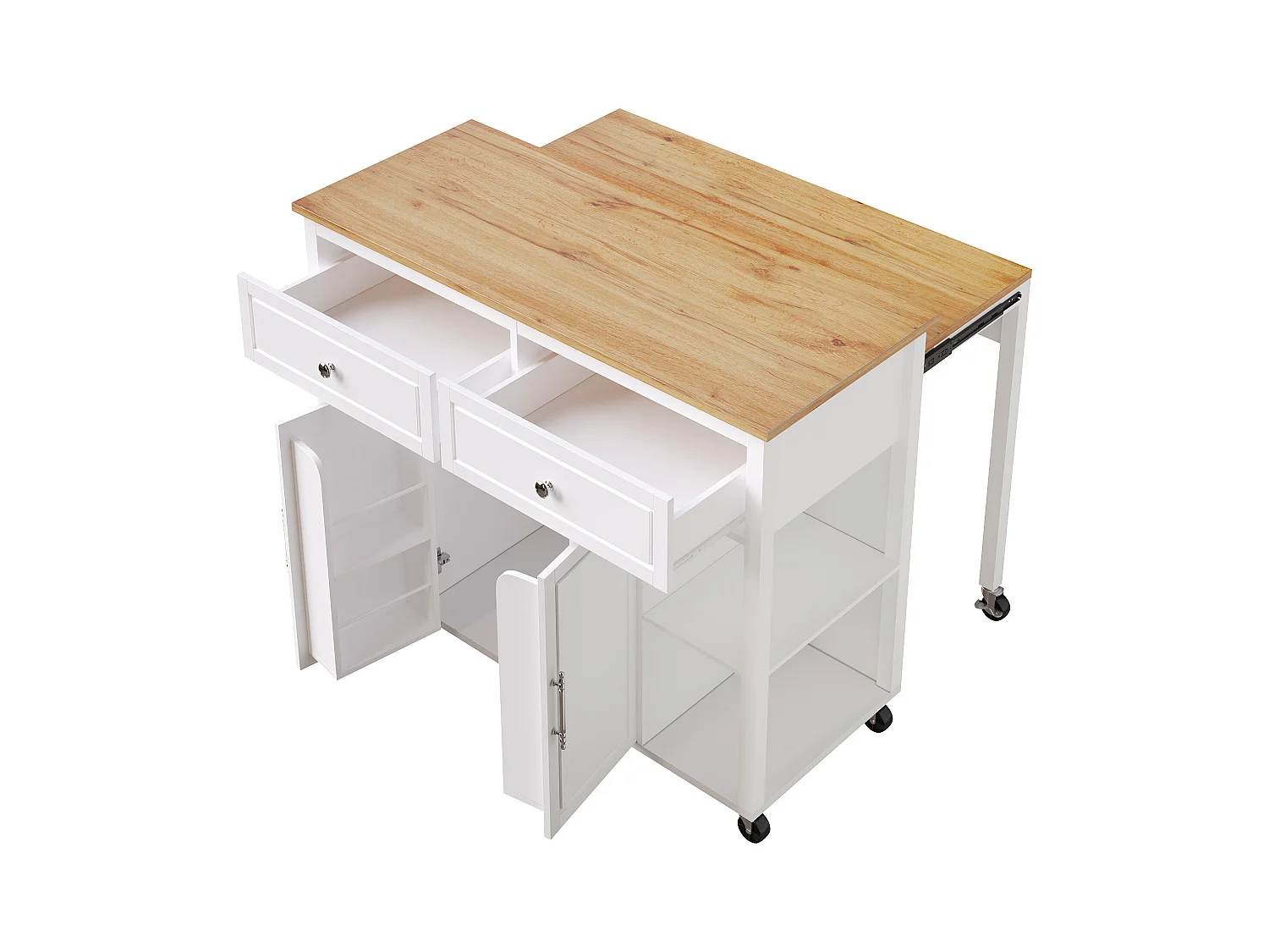 Carrello da cucina bianco con ruote, nicchie, 2 ante e 2 cassetti, piano superiore color naturale