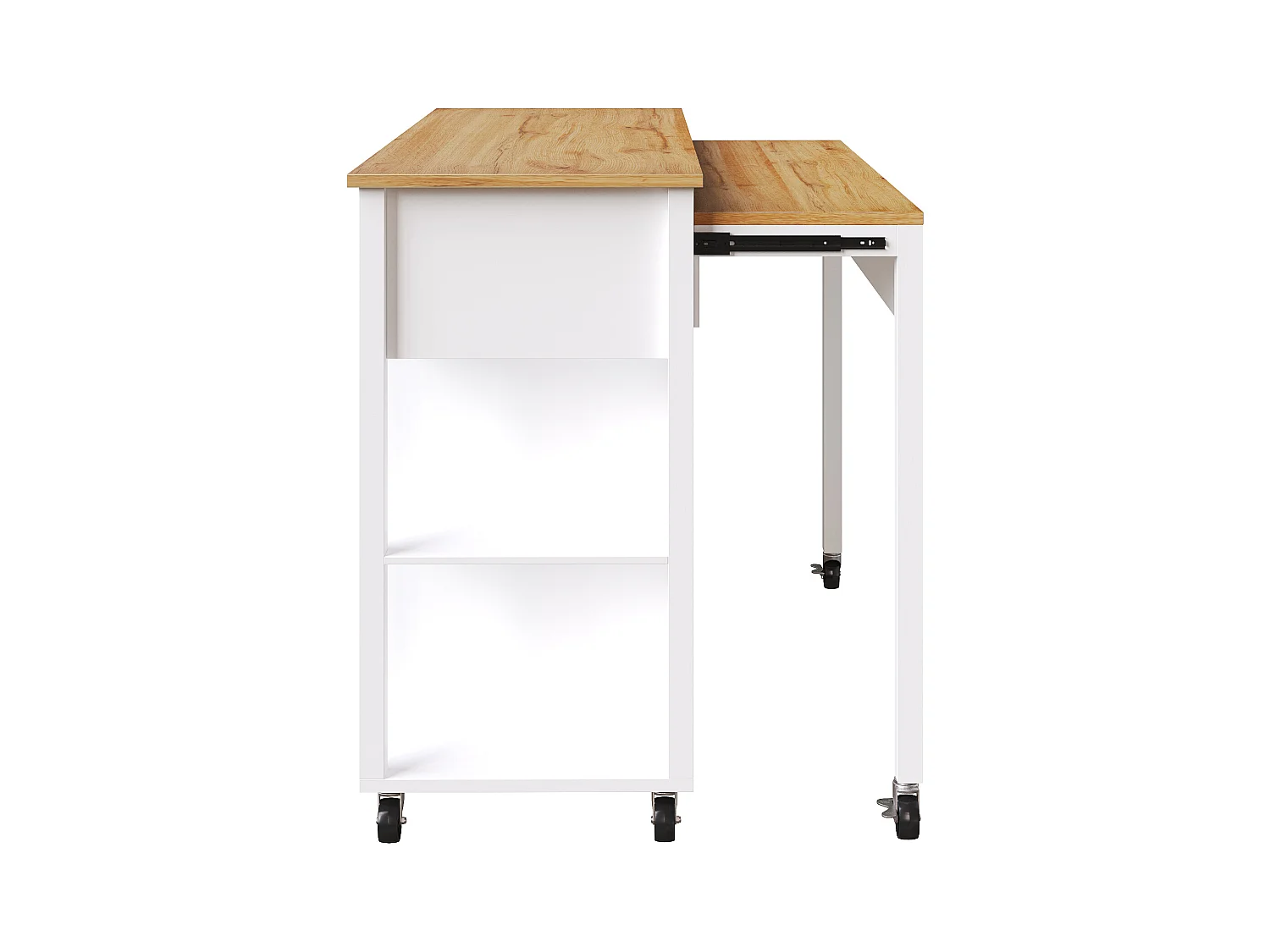 Carrello da cucina bianco con ruote, nicchie, 2 ante e 2 cassetti, piano superiore color naturale