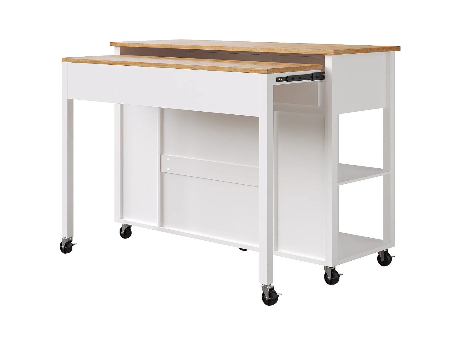 Carrello da cucina bianco con ruote, nicchie, 2 ante e 2 cassetti, piano superiore color naturale