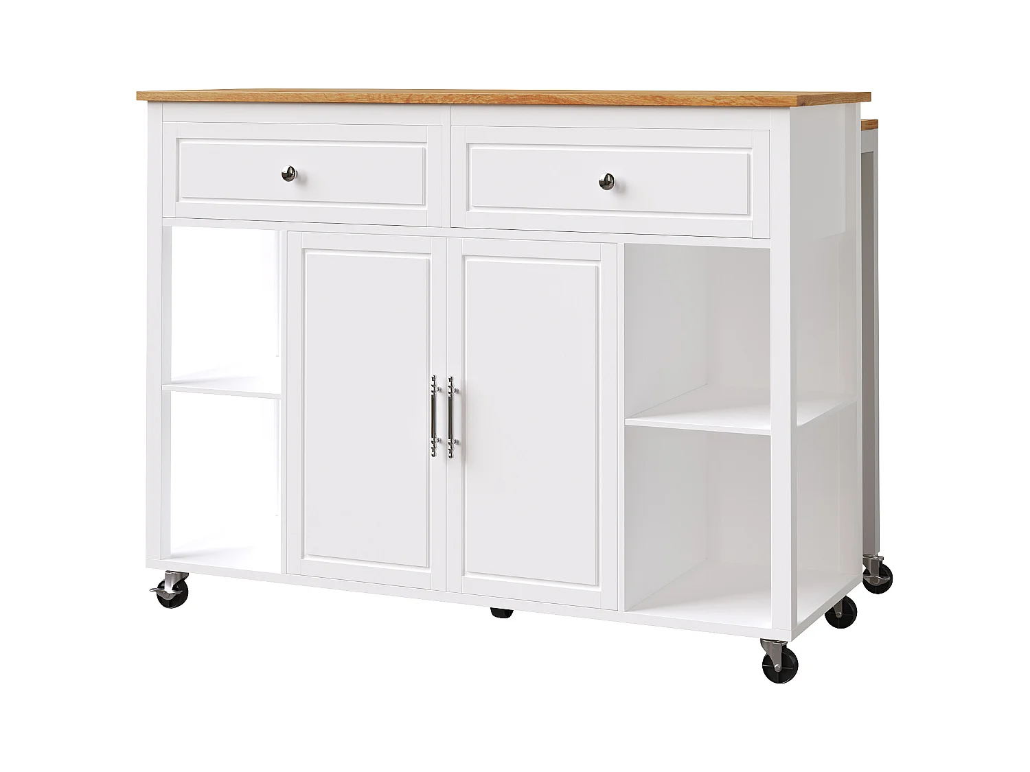 Carrello da cucina bianco con ruote, nicchie, 2 ante e 2 cassetti, piano superiore color naturale
