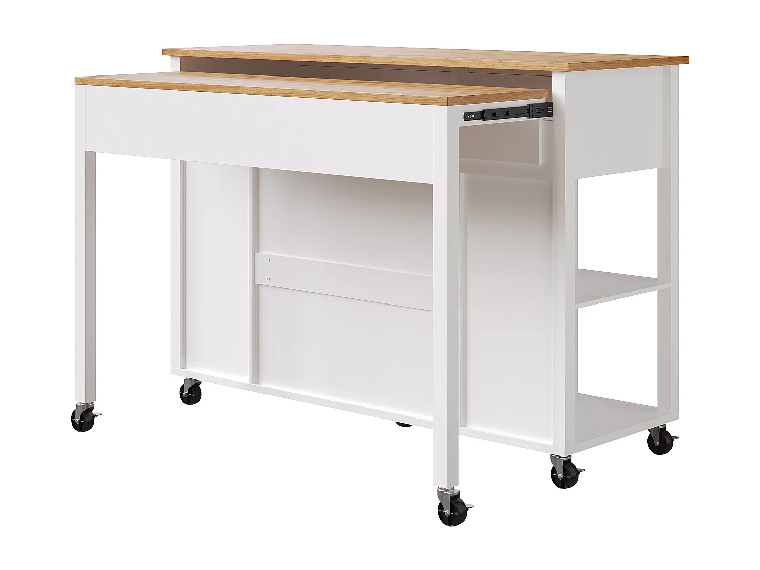 Desserte de cuisine blanche avec roulettes, 2 portes et 2 tiroirs, plateau couleur naturelle