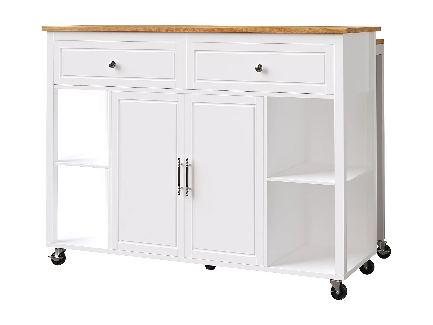 Desserte de cuisine blanche avec roulettes, 2 portes et 2 tiroirs, plateau couleur naturelle
