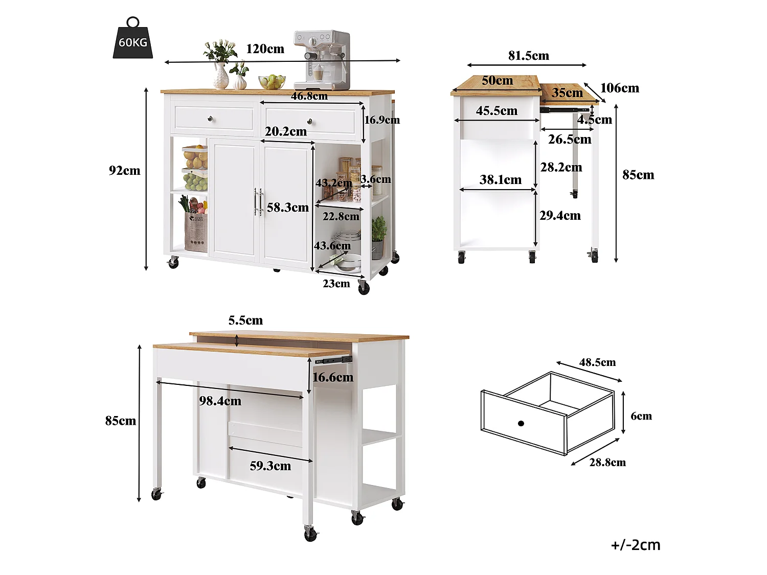 Witte keukentrolley met wielen, nissen, 2 deuren en 2 lades, naturelkleurig blad