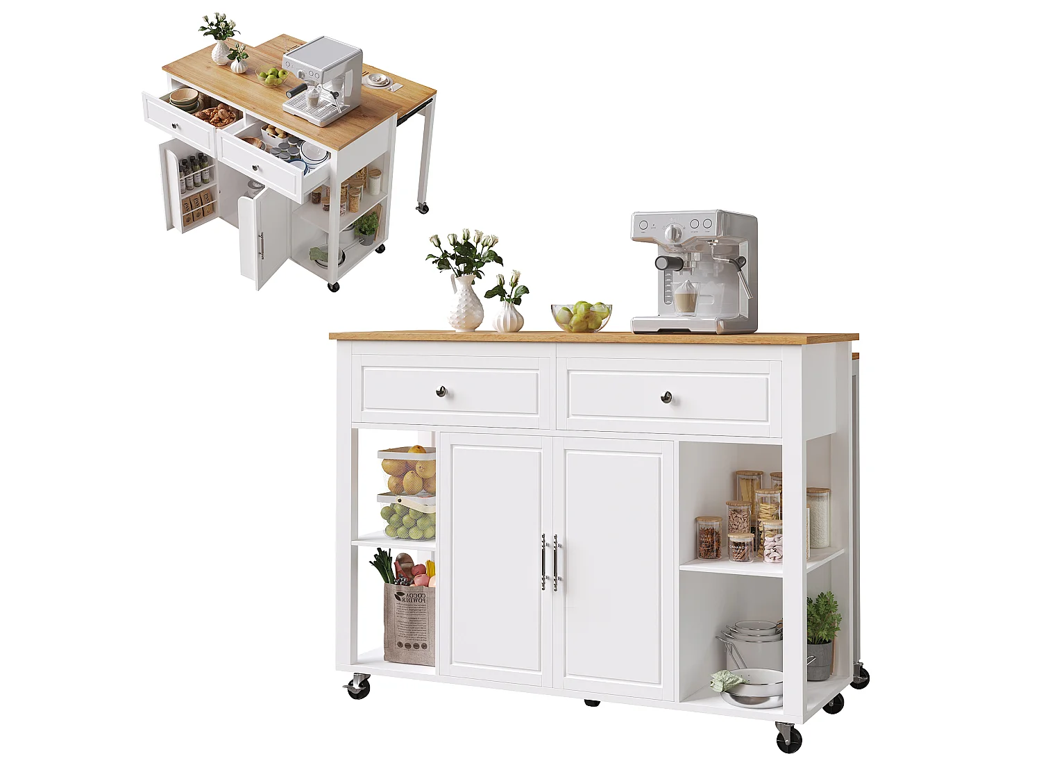 Witte keukentrolley met wielen, nissen, 2 deuren en 2 lades, naturelkleurig blad
