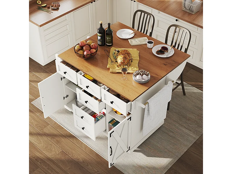 Carrello da cucina con 6 cassetti e 2 ante, piano estensibile in legno, metallo + MDF, colore bianco + naturale