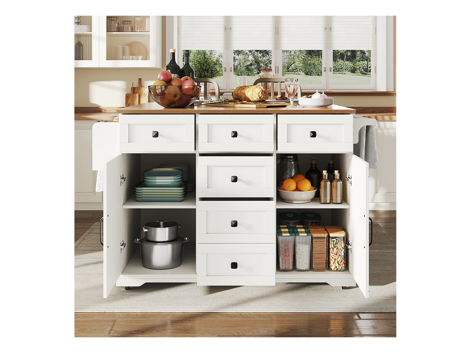 Carrello da cucina con 6 cassetti e 2 ante, piano estensibile in legno, metallo + MDF, colore bianco + naturale