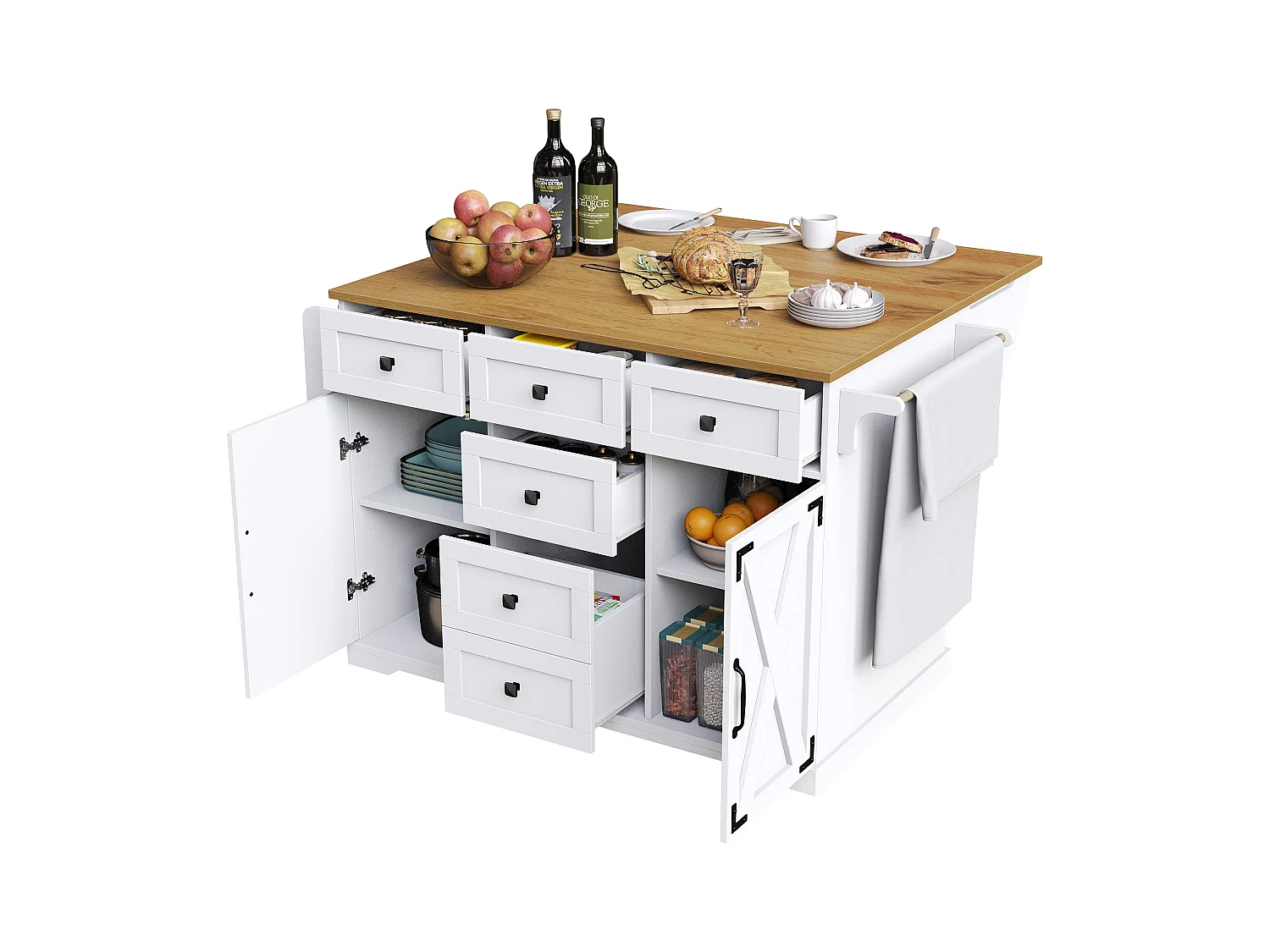 Carrello da cucina con 6 cassetti e 2 ante, piano estensibile in legno, metallo + MDF, colore bianco + naturale