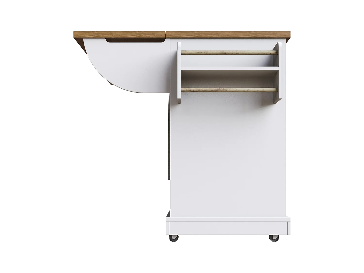 Carrello da cucina con 6 cassetti e 2 ante, piano estensibile in legno, metallo + MDF, colore bianco + naturale