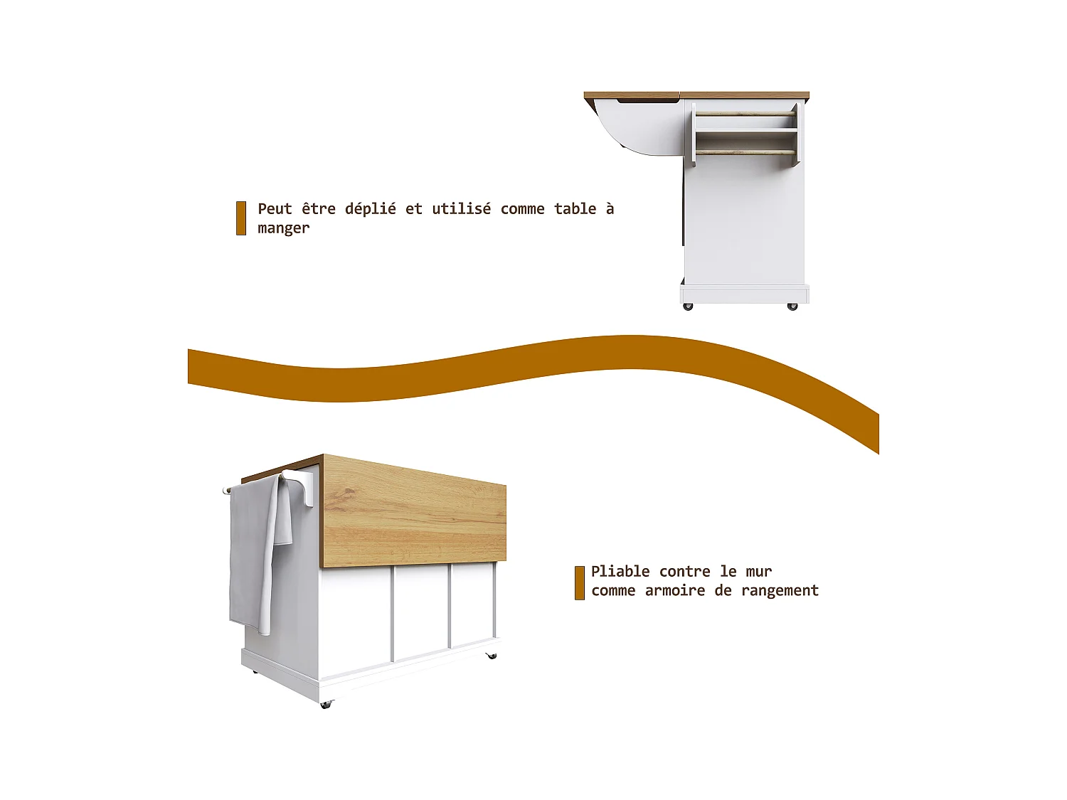Carrello da cucina con 6 cassetti e 2 ante, piano estensibile in legno, metallo + MDF, colore bianco + naturale