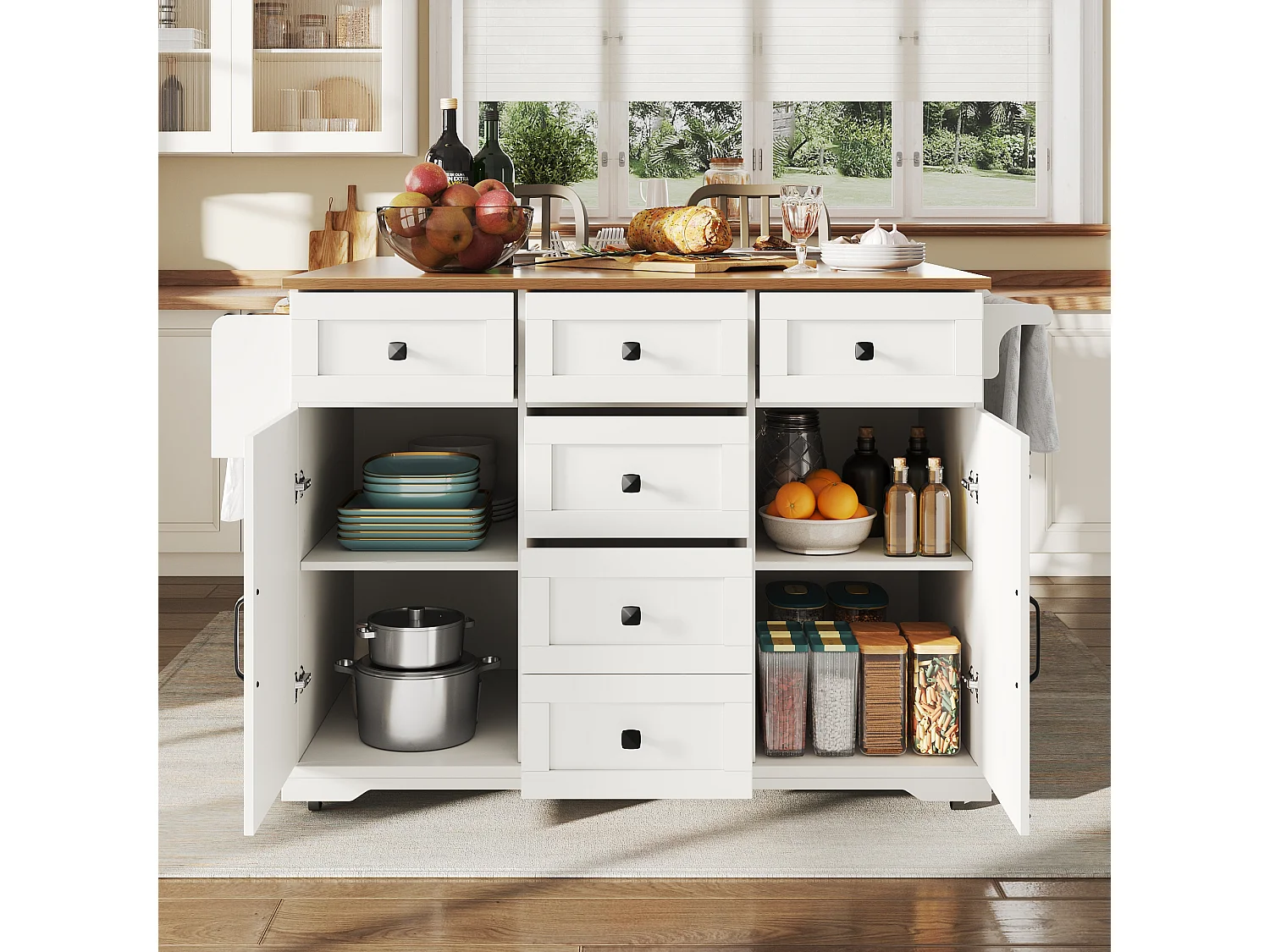 Desserte de cuisine avec 6 tiroirs et 2 portes, plateau extensible en bois, métal + MDF, couleur blanc + naturel