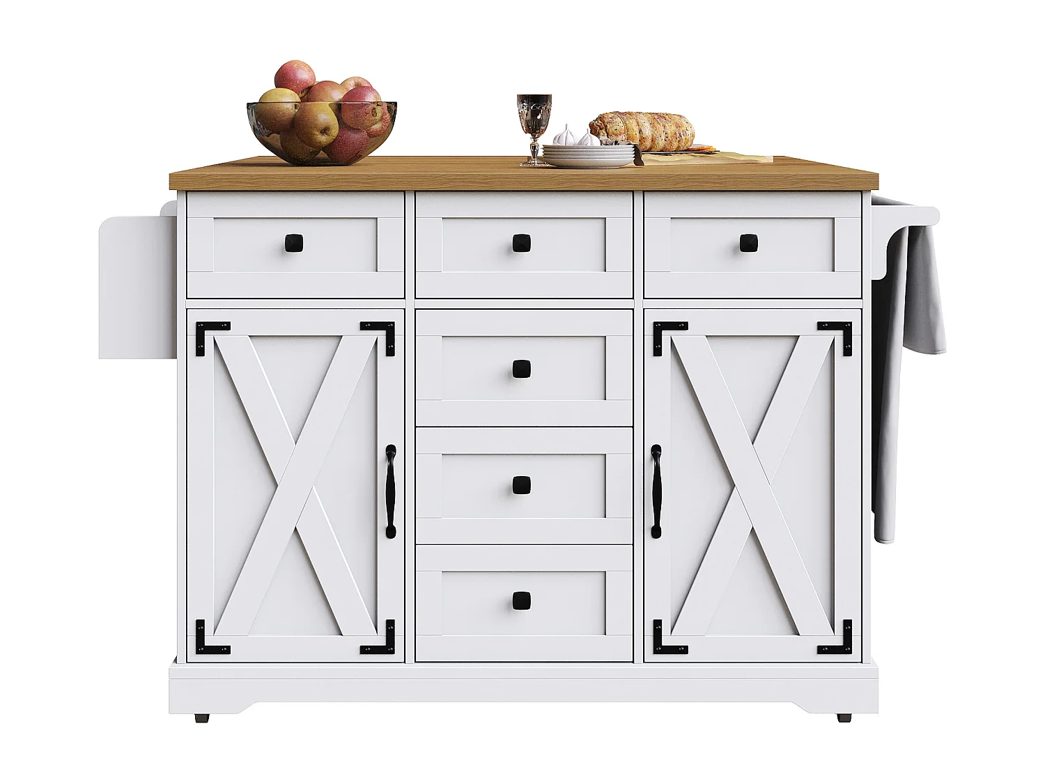 Desserte de cuisine avec 6 tiroirs et 2 portes, plateau extensible en bois, métal + MDF, couleur blanc + naturel