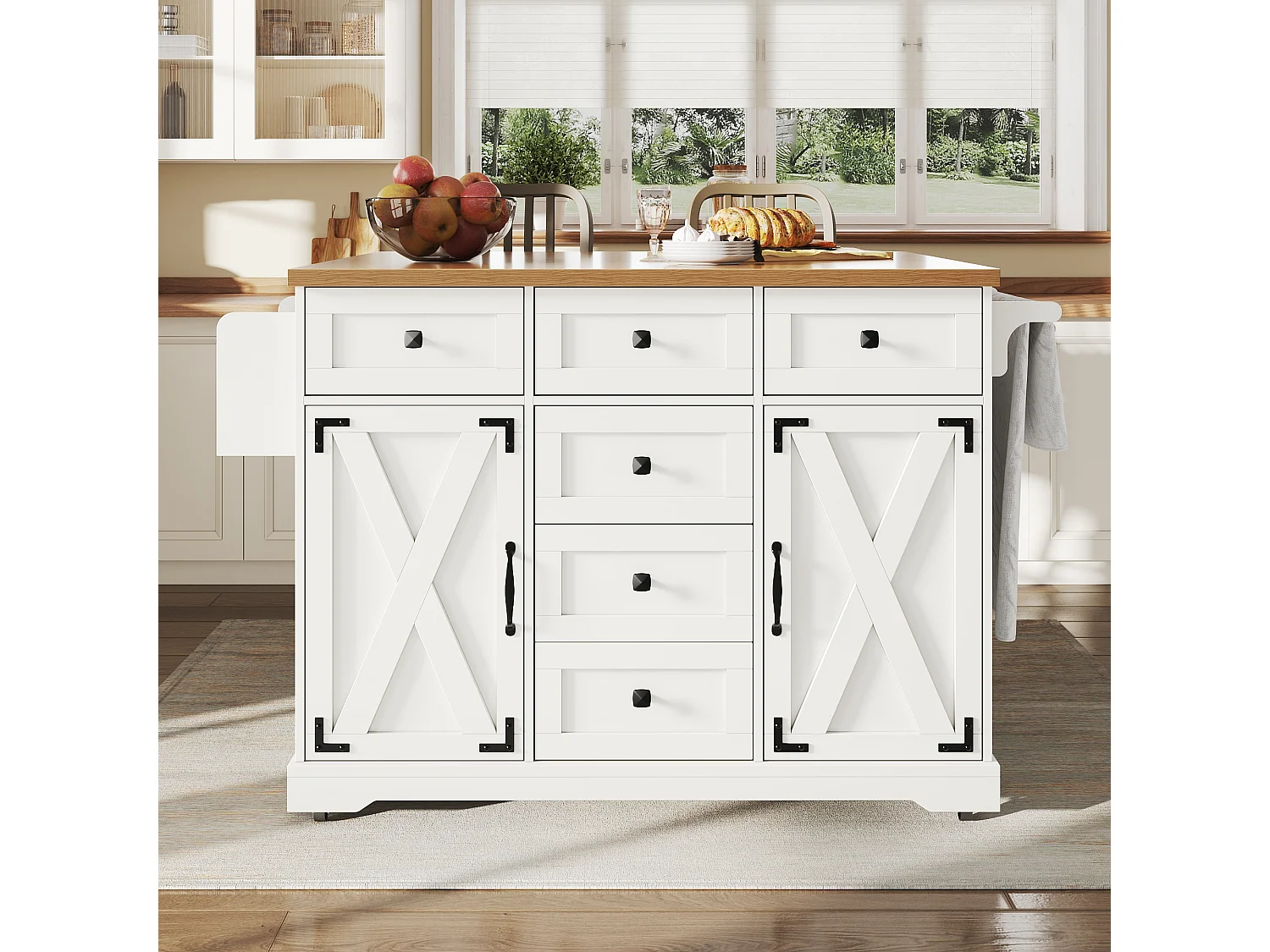 Desserte de cuisine avec 6 tiroirs et 2 portes, plateau extensible en bois, métal + MDF, couleur blanc + naturel