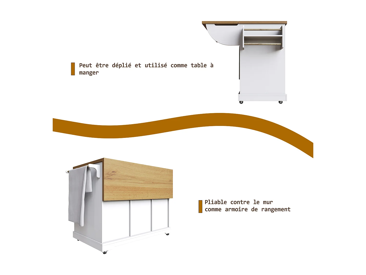 Desserte de cuisine avec 6 tiroirs et 2 portes, plateau extensible en bois, métal + MDF, couleur blanc + naturel