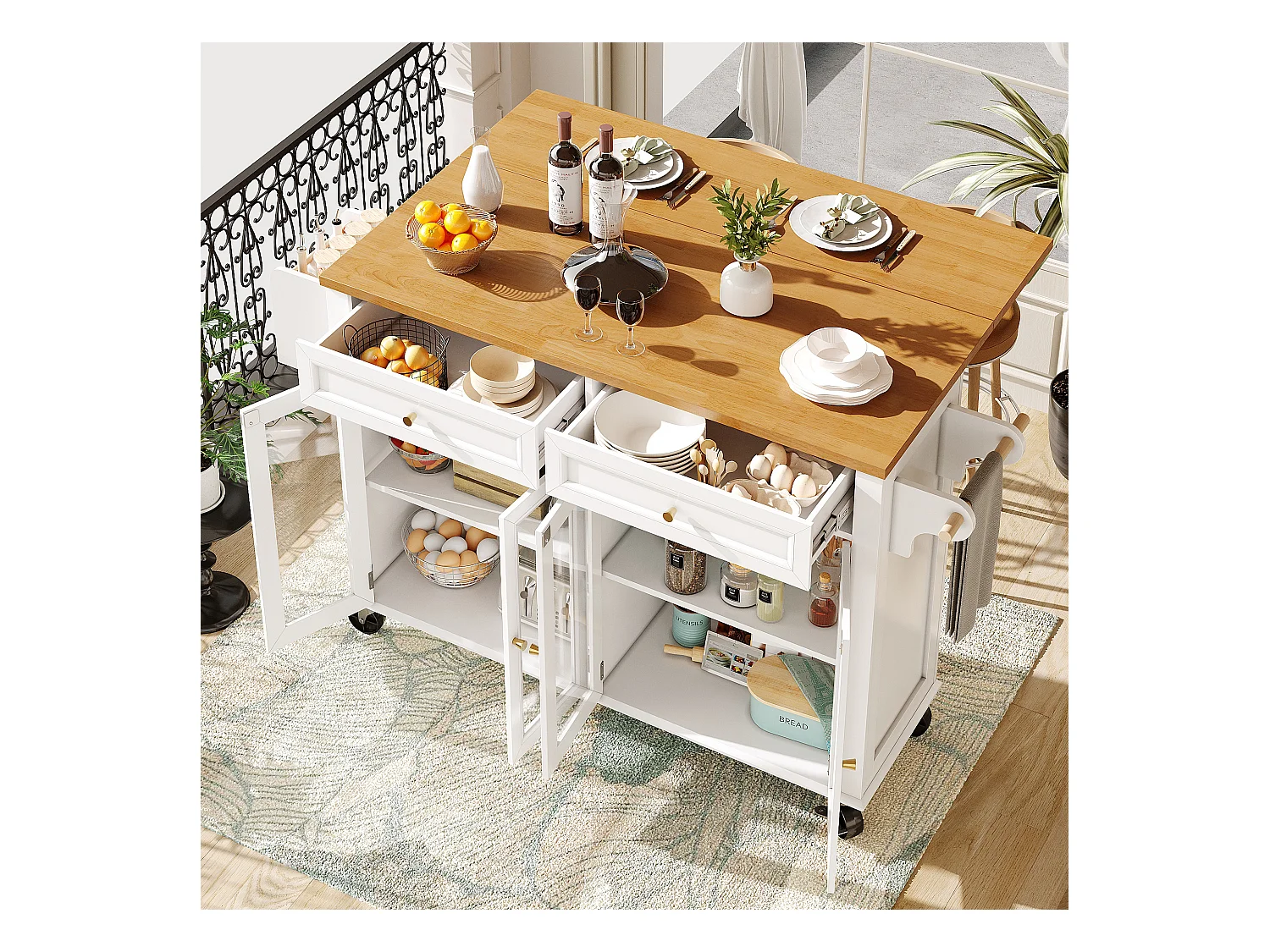 Carrello da cucina su ruote, 2 cassetti e 4 ante in vetro, piano estensibile, bianco + naturale