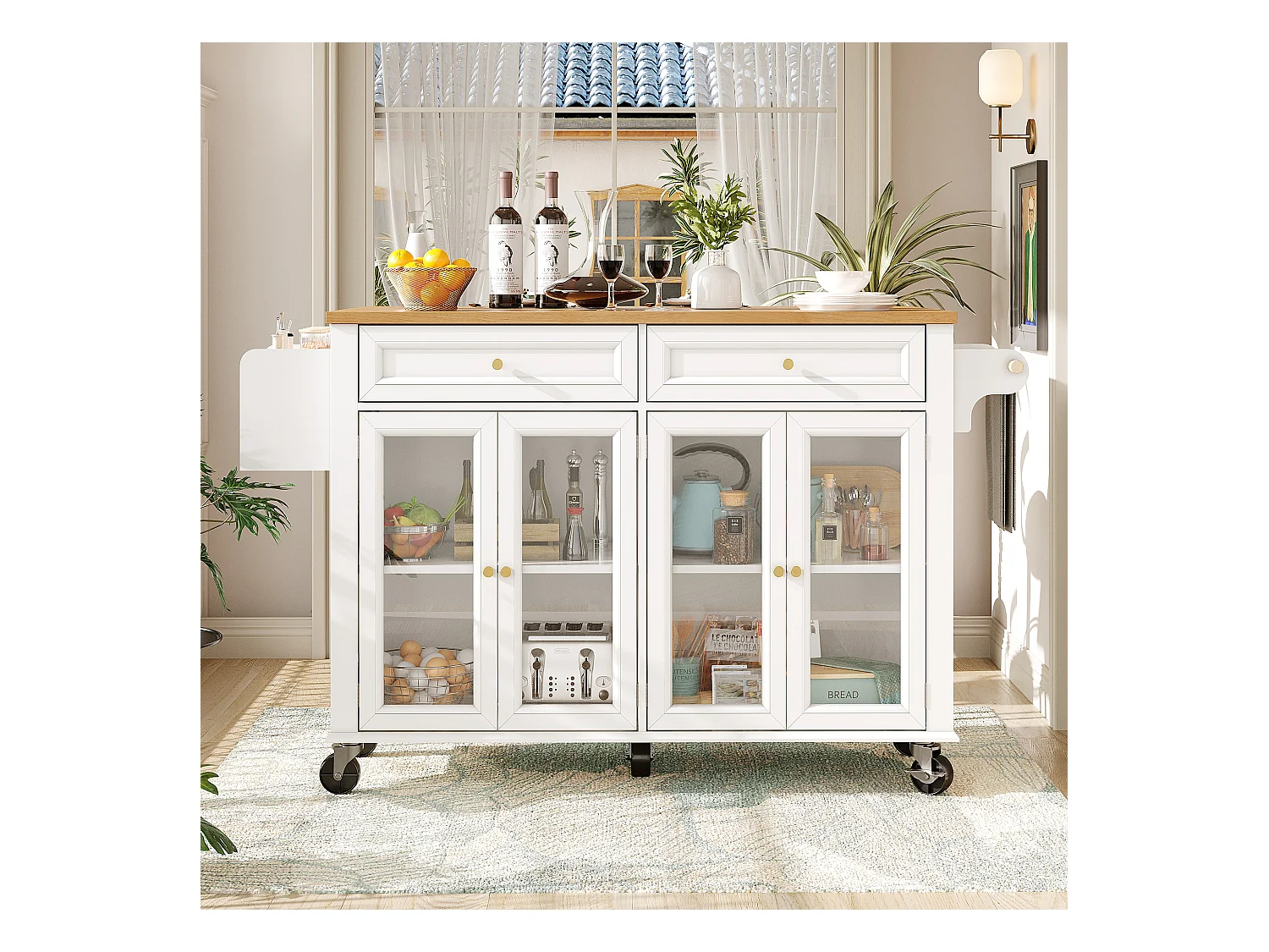 Carrello da cucina su ruote, 2 cassetti e 4 ante in vetro, piano estensibile, bianco + naturale