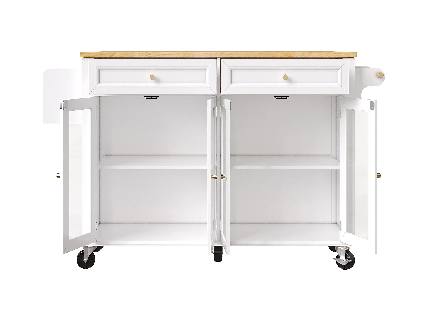 Carrello da cucina su ruote, 2 cassetti e 4 ante in vetro, piano estensibile, bianco + naturale