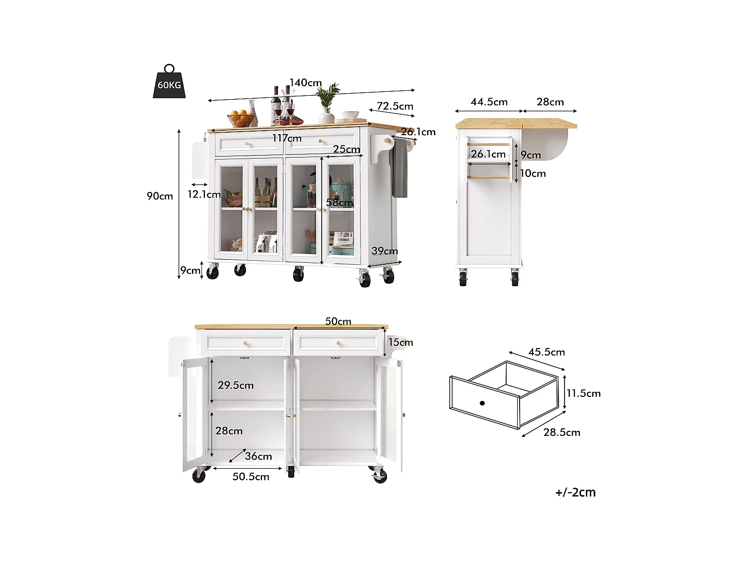 Carrello da cucina su ruote, 2 cassetti e 4 ante in vetro, piano estensibile, bianco + naturale