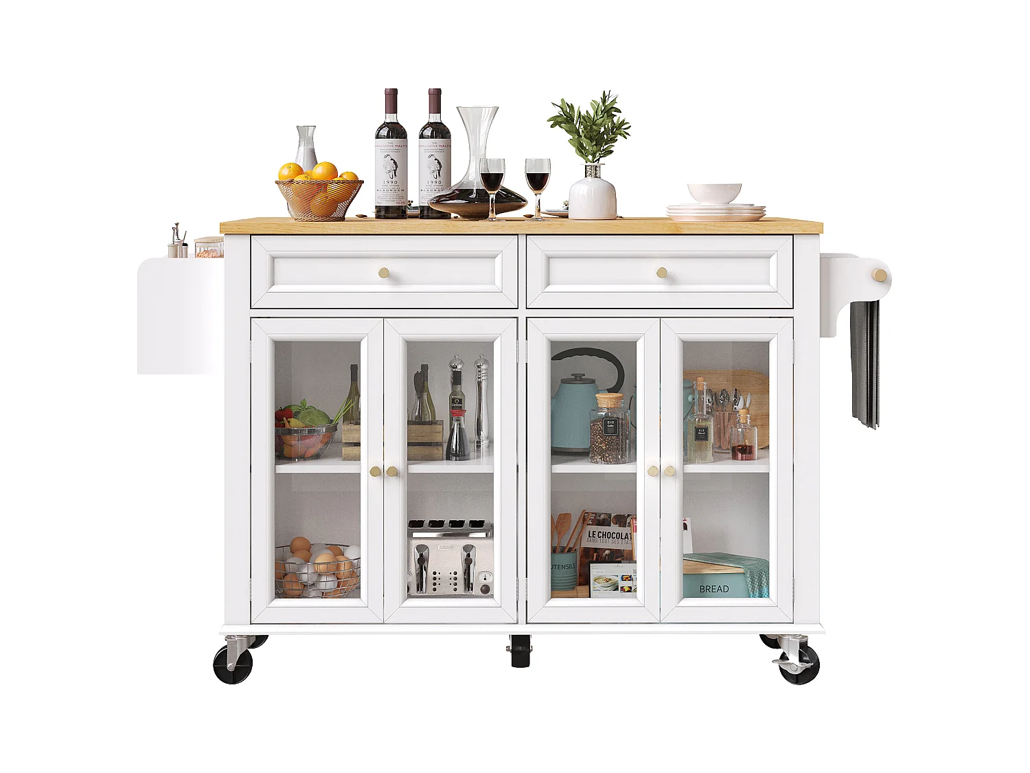 Carrello da cucina su ruote, 2 cassetti e 4 ante in vetro, piano estensibile, bianco + naturale