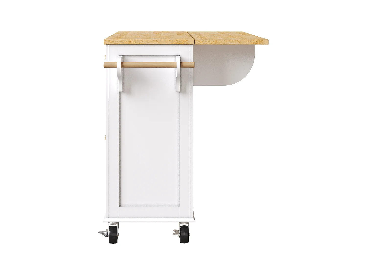 Carrello da cucina su ruote, 2 cassetti e 4 ante in vetro, piano estensibile, bianco + naturale