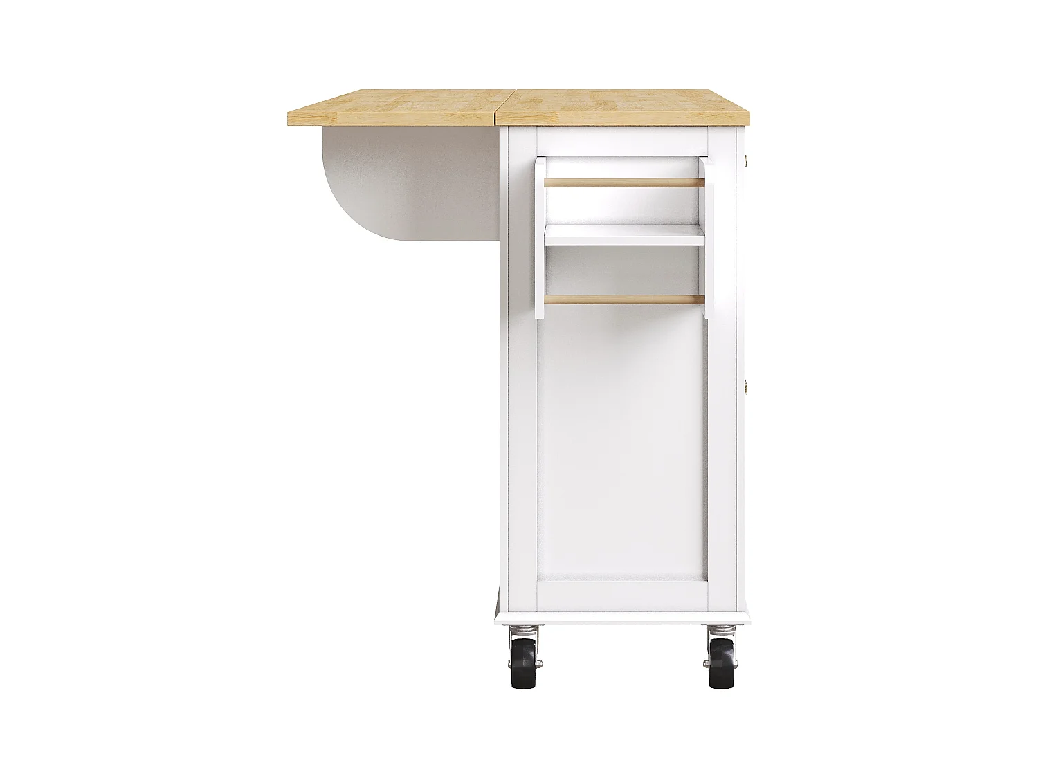 Carrello da cucina su ruote, 2 cassetti e 4 ante in vetro, piano estensibile, bianco + naturale