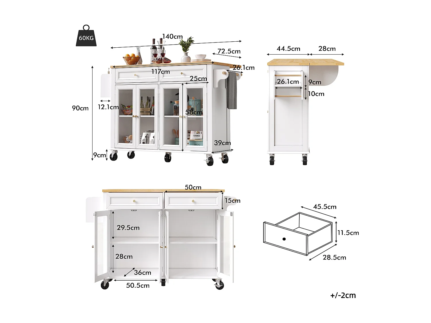 Desserte de cuisine à roulettes, 2 tiroirs et 4 portes vitrées, plateau extensible, blanc + naturel