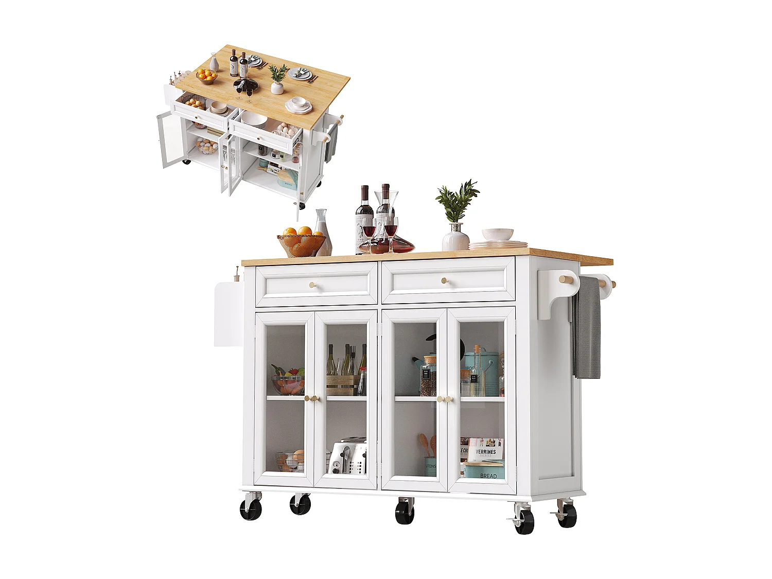 Desserte de cuisine à roulettes, 2 tiroirs et 4 portes vitrées, plateau extensible, blanc + naturel