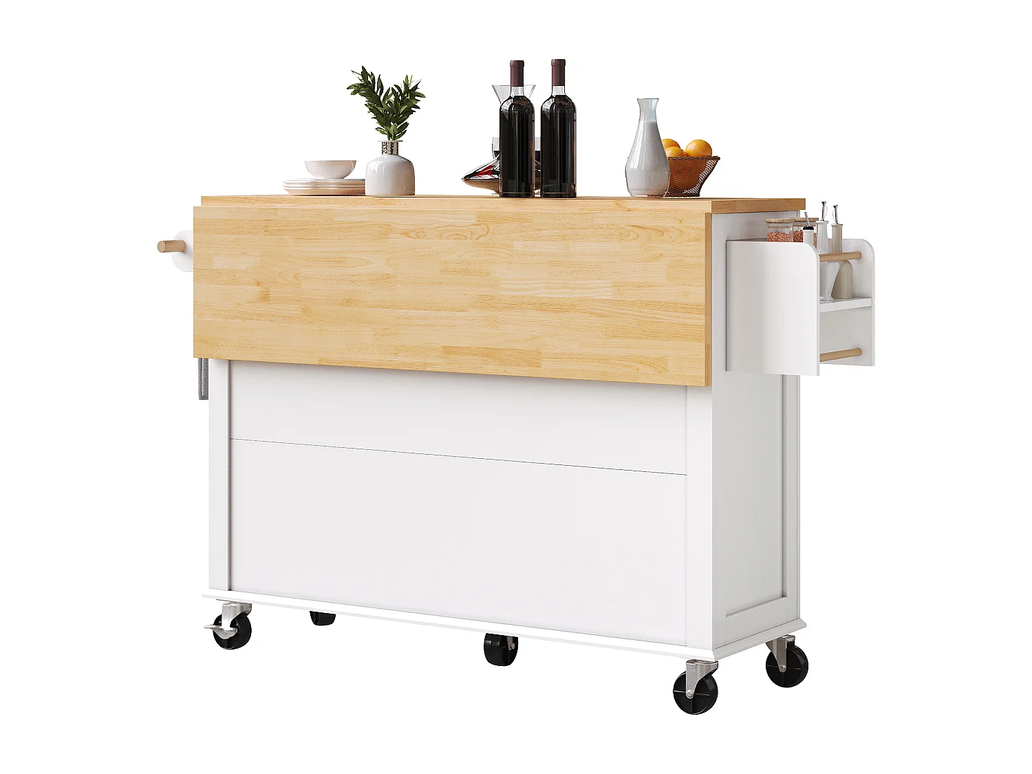 Desserte de cuisine à roulettes, 2 tiroirs et 4 portes vitrées, plateau extensible, blanc + naturel