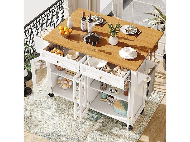 Carrello da cucina su ruote, 2 cassetti e 4 ante in vetro, piano estensibile, bianco + naturale