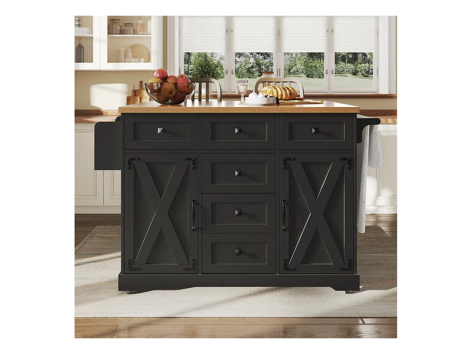 Carrello da cucina con 6 cassetti e 2 ante, piano estensibile in legno, metallo + MDF, colore nero + naturale