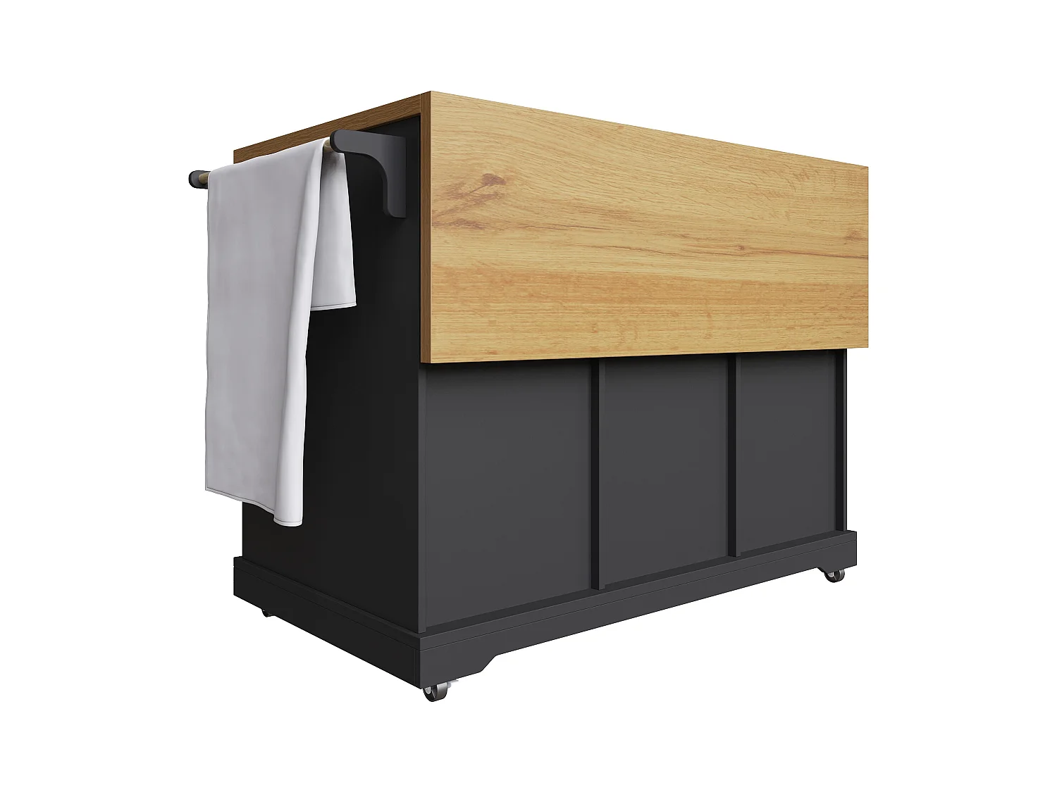 Carrello da cucina con 6 cassetti e 2 ante, piano estensibile in legno, metallo + MDF, colore nero + naturale