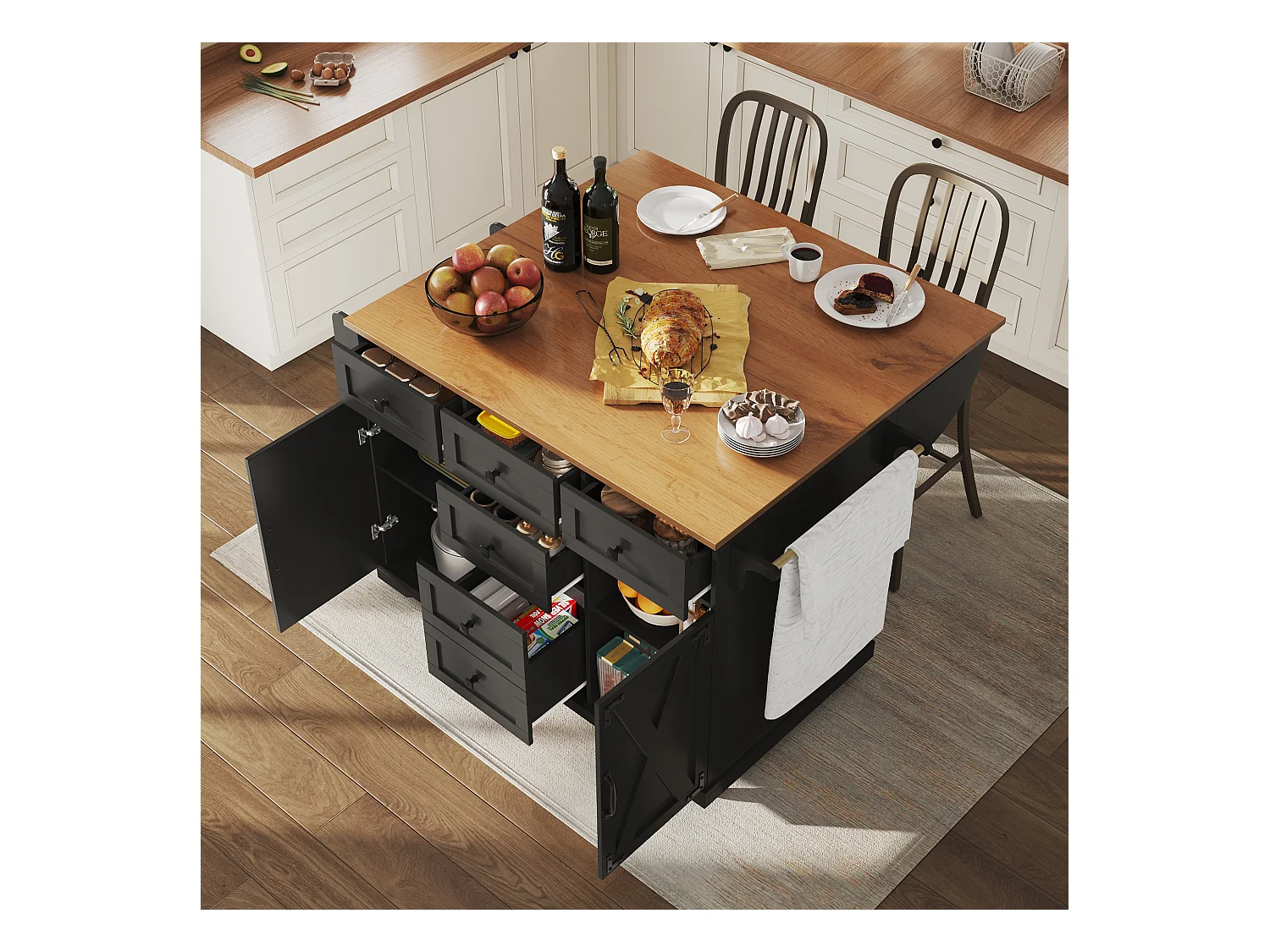Carrello da cucina con 6 cassetti e 2 ante, piano estensibile in legno, metallo + MDF, colore nero + naturale