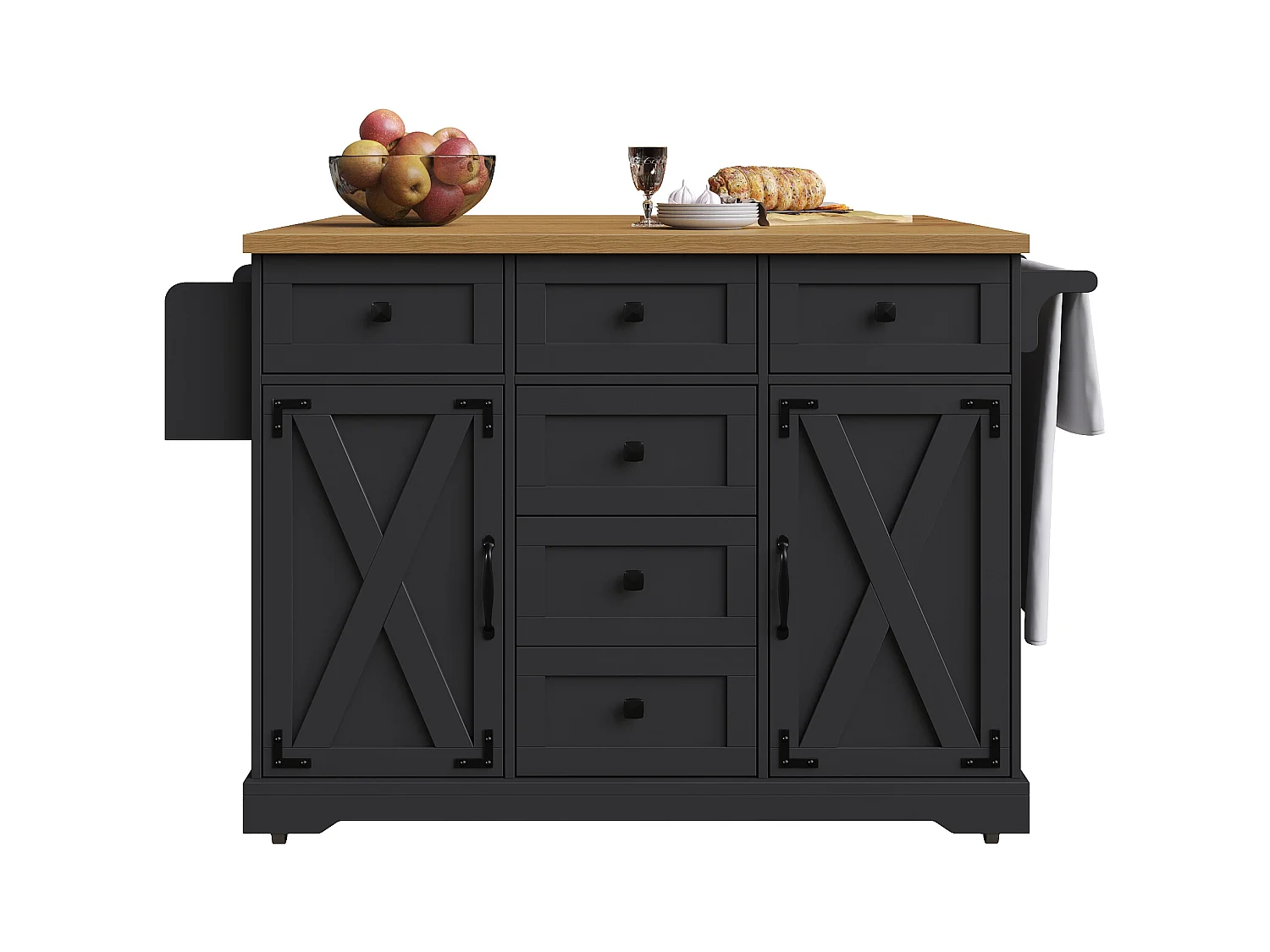 Carrello da cucina con 6 cassetti e 2 ante, piano estensibile in legno, metallo + MDF, colore nero + naturale