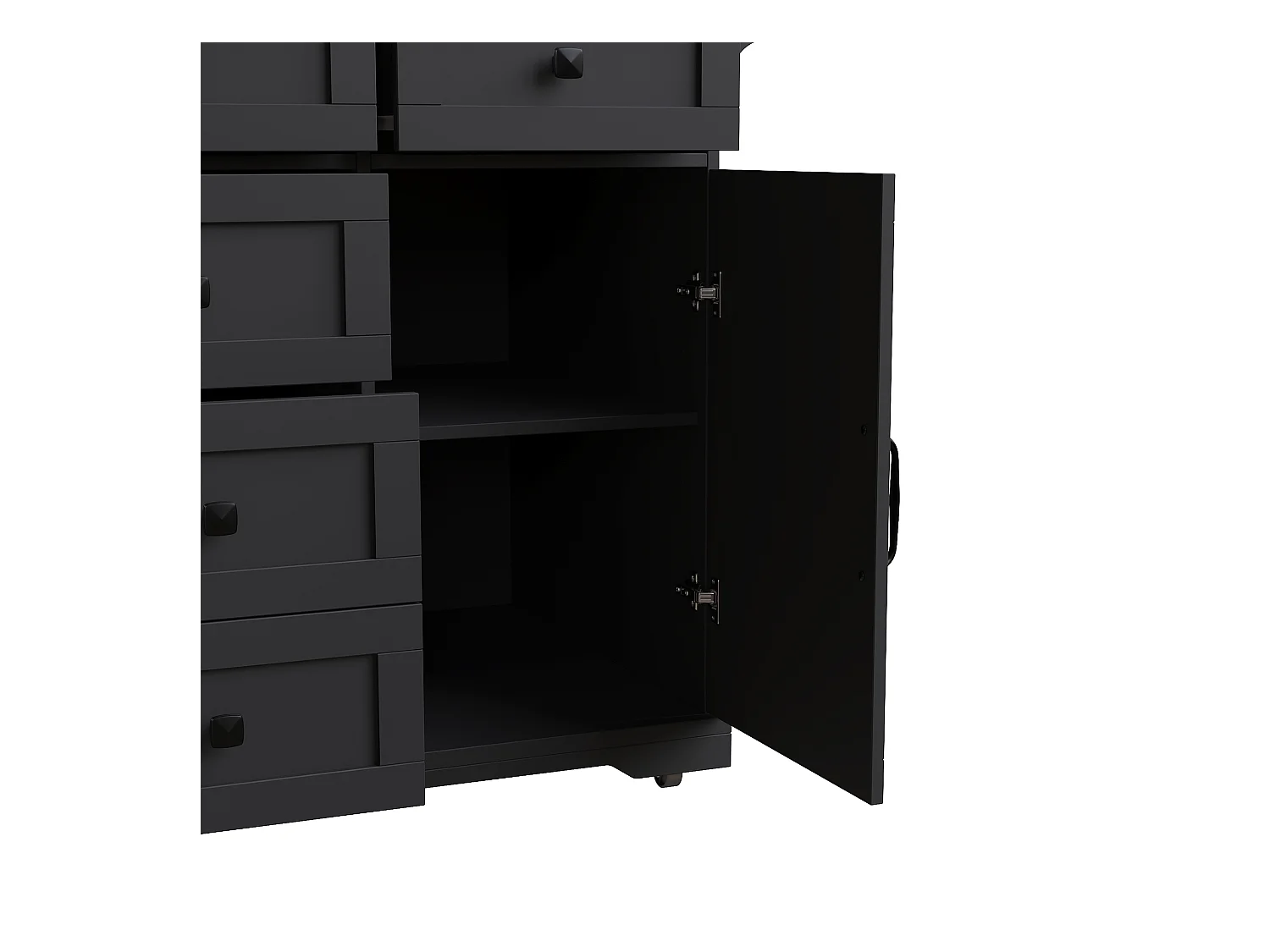 Carrello da cucina con 6 cassetti e 2 ante, piano estensibile in legno, metallo + MDF, colore nero + naturale