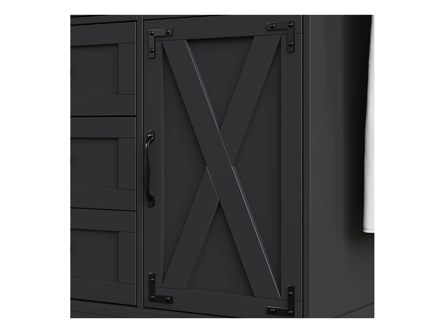 Carrello da cucina con 6 cassetti e 2 ante, piano estensibile in legno, metallo + MDF, colore nero + naturale