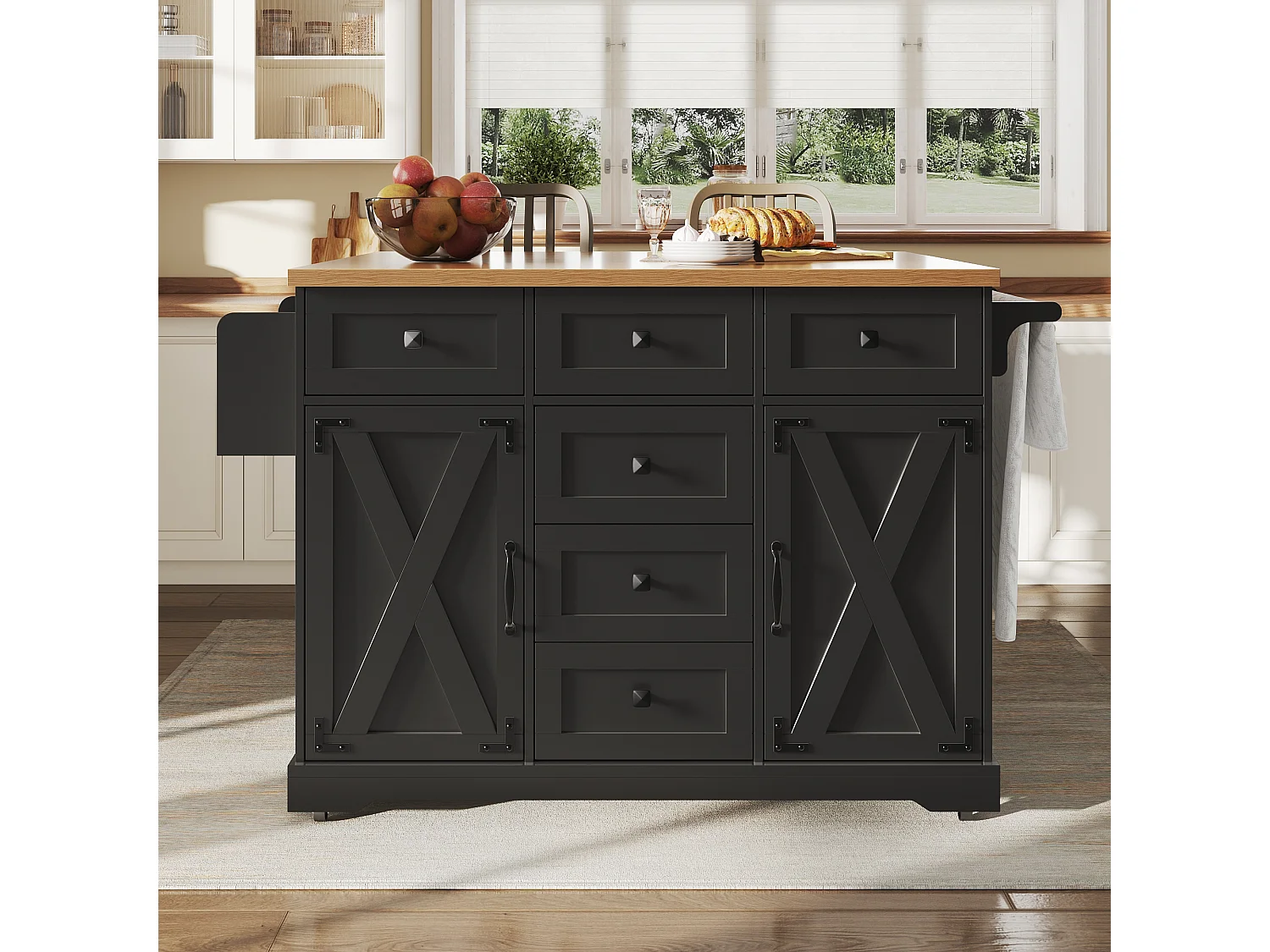 Desserte de cuisine avec 6 tiroirs et 2 portes, plateau extensible en bois, métal + MDF, couleur noir + naturel